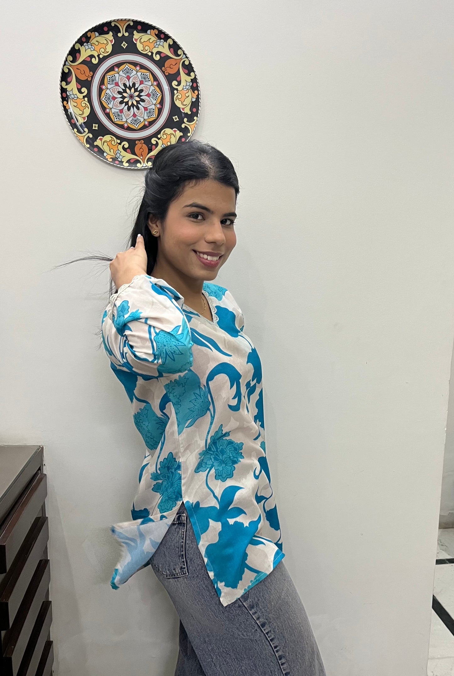 Blue printed kurti top with lace work