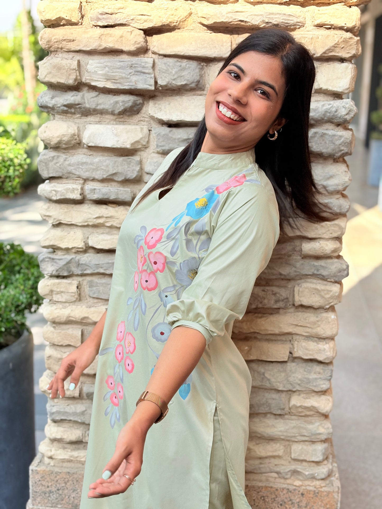 Pista green pathani co-ord set with brush paint