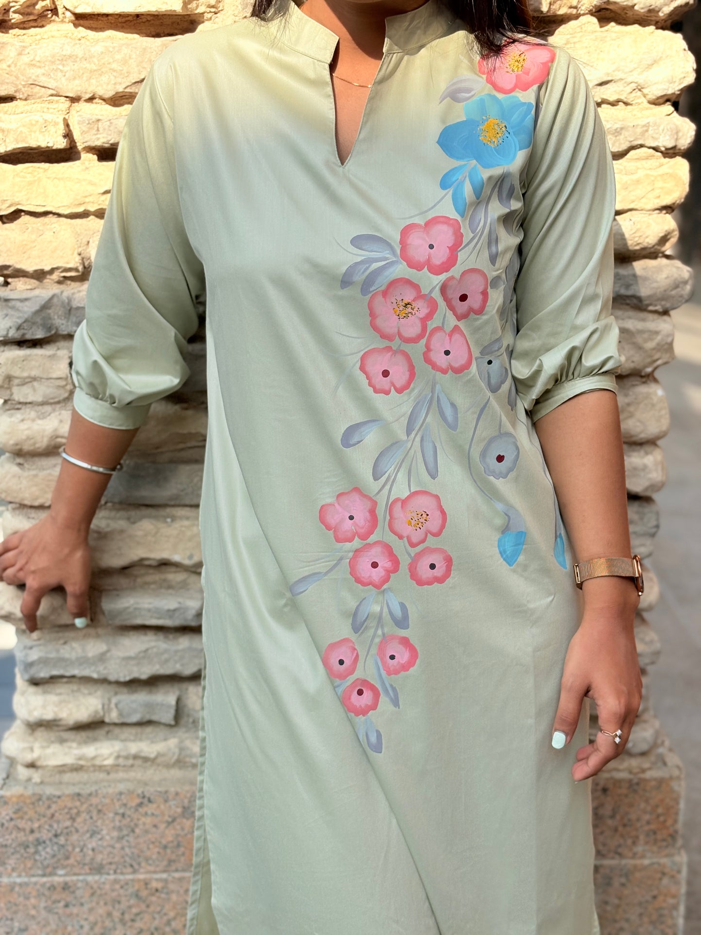 Pista green pathani co-ord set with brush paint