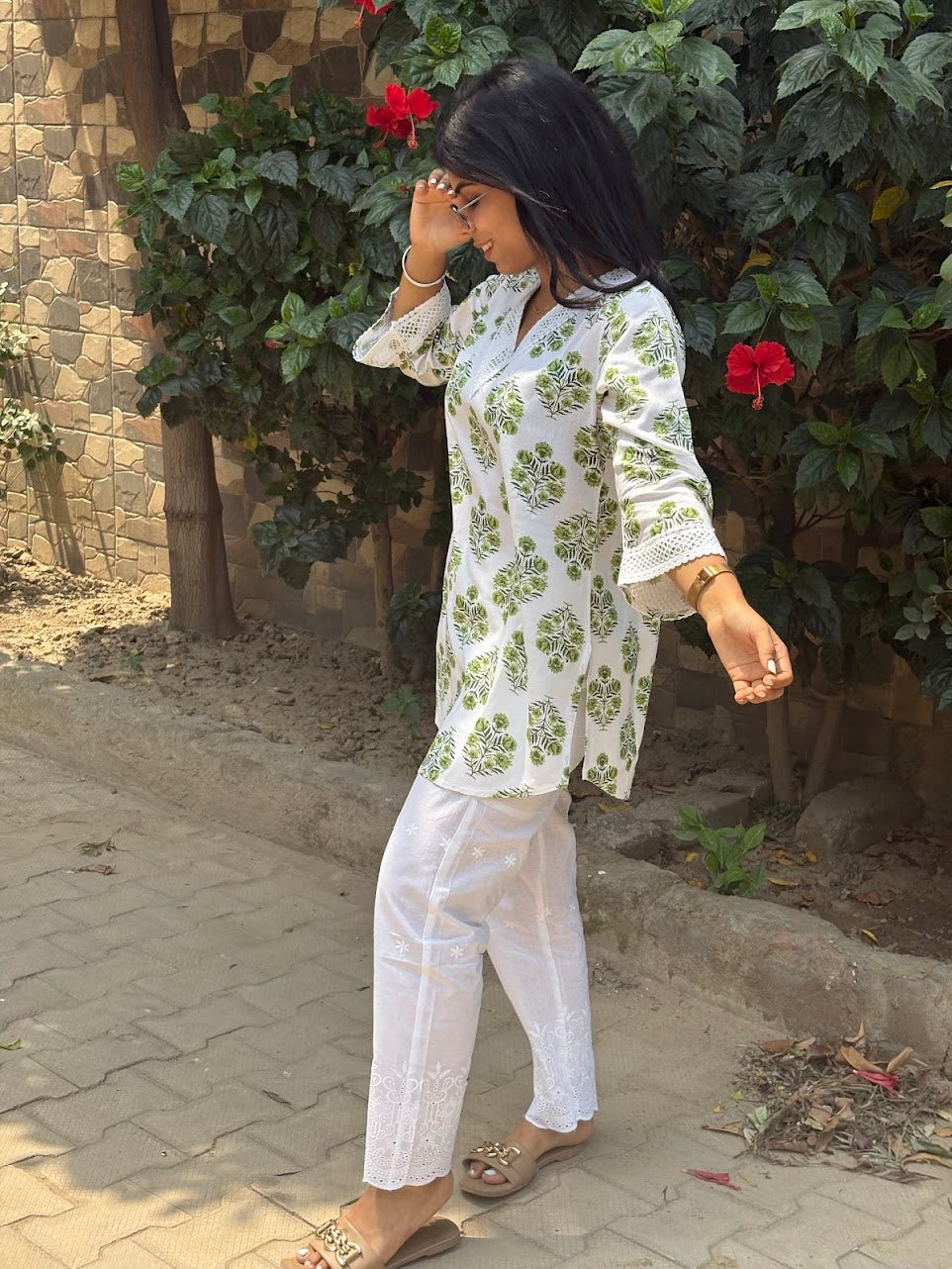 Printed green white kurti co-ord set with chikankari bottom