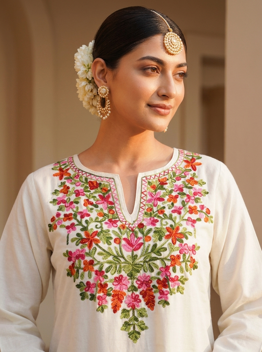 White multi embroidery kurta