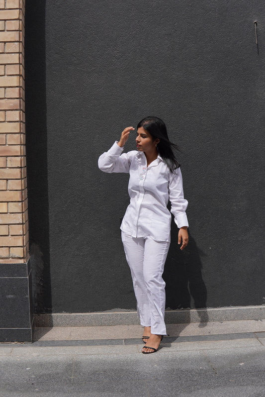 White linen puff hand embroidered co-ord set