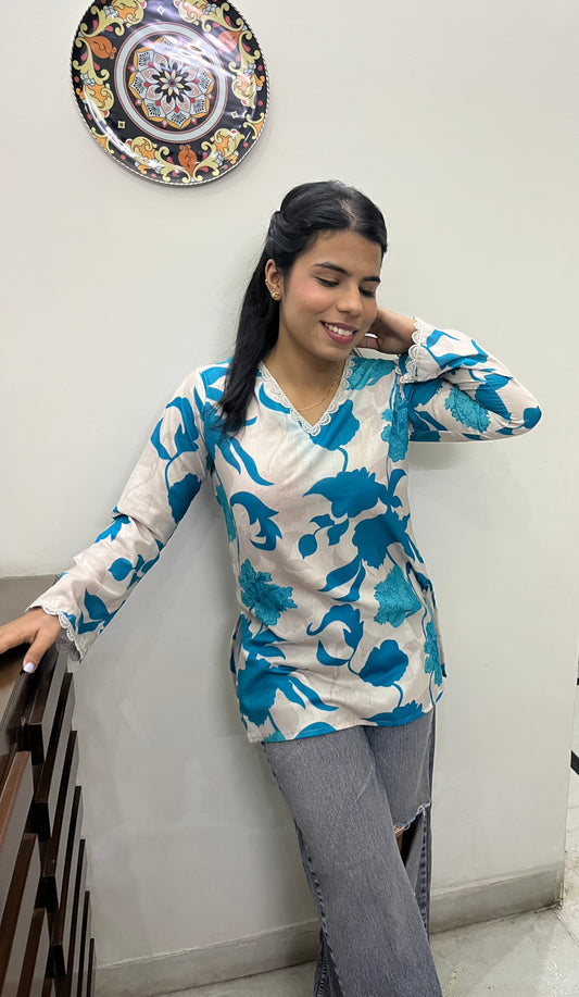 Blue printed kurti top with lace work