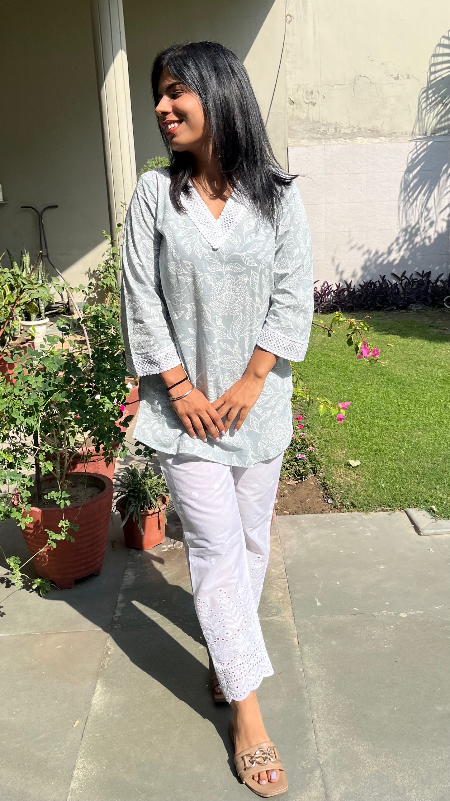 Pastel Bloom short kurti with chikan bottom