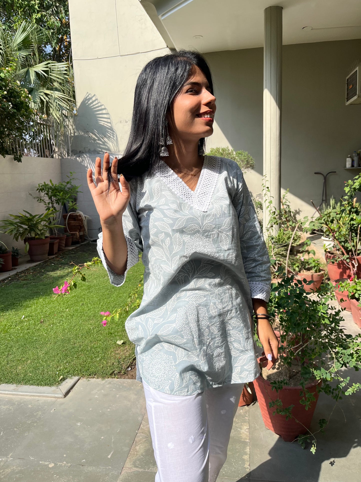 Pastel Bloom short kurti with chikan bottom