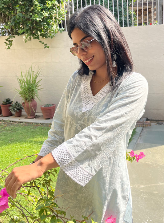 Pastel Bloom short kurti with chikan bottom