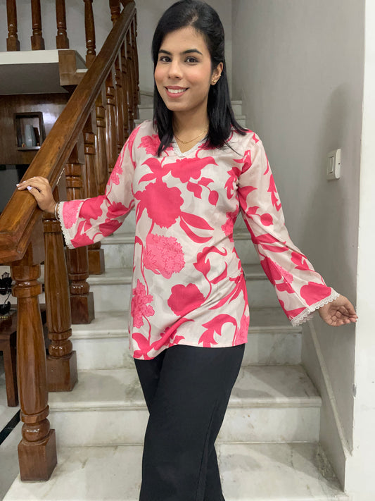 Pink printed kurti top with lace work