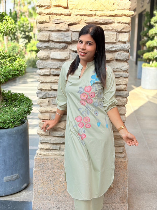 Pista green pathani co-ord set with brush paint