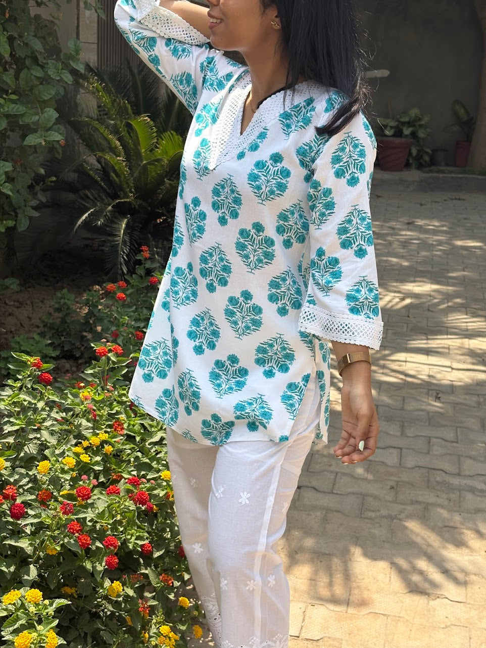 Printed blue co-ord set with chikankari bottom