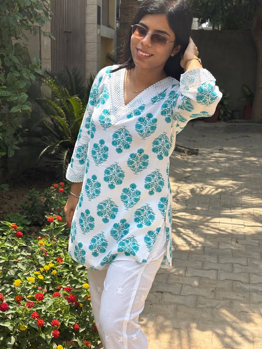 Printed blue co-ord set with chikankari bottom