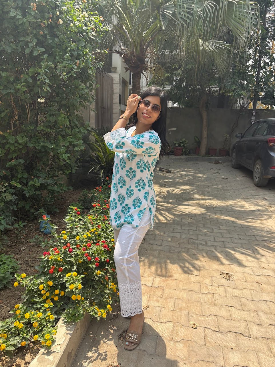 Printed blue co-ord set with chikankari bottom