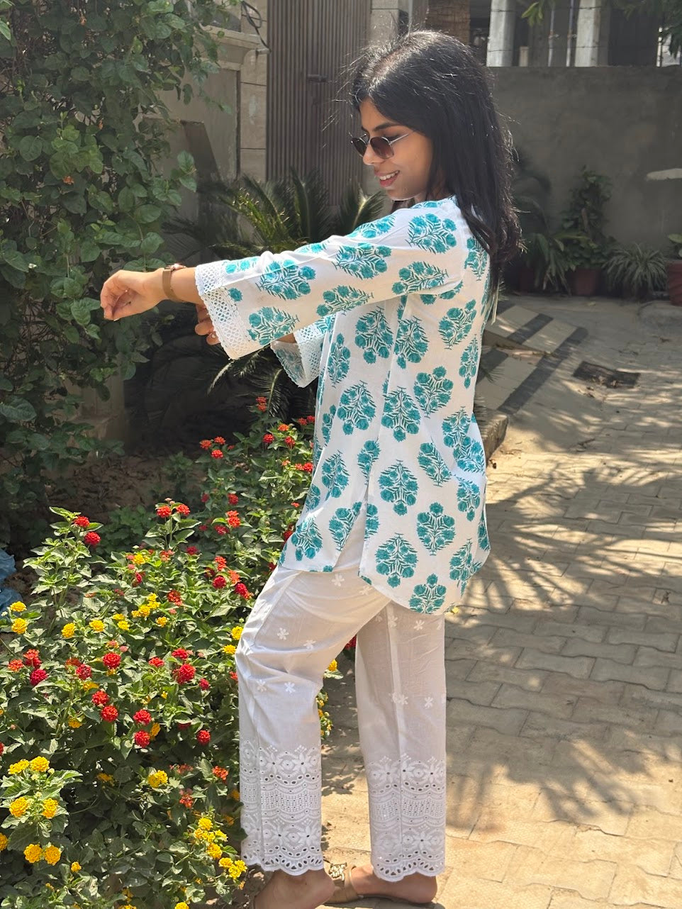 Printed blue co-ord set with chikankari bottom