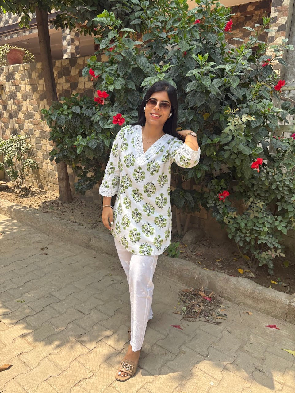 Printed green white kurti co-ord set with chikankari bottom
