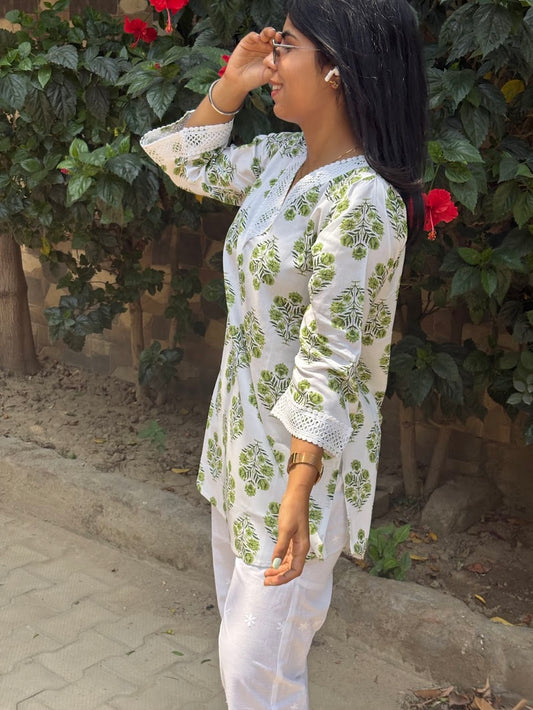 Printed green white kurti co-ord set with chikankari bottom