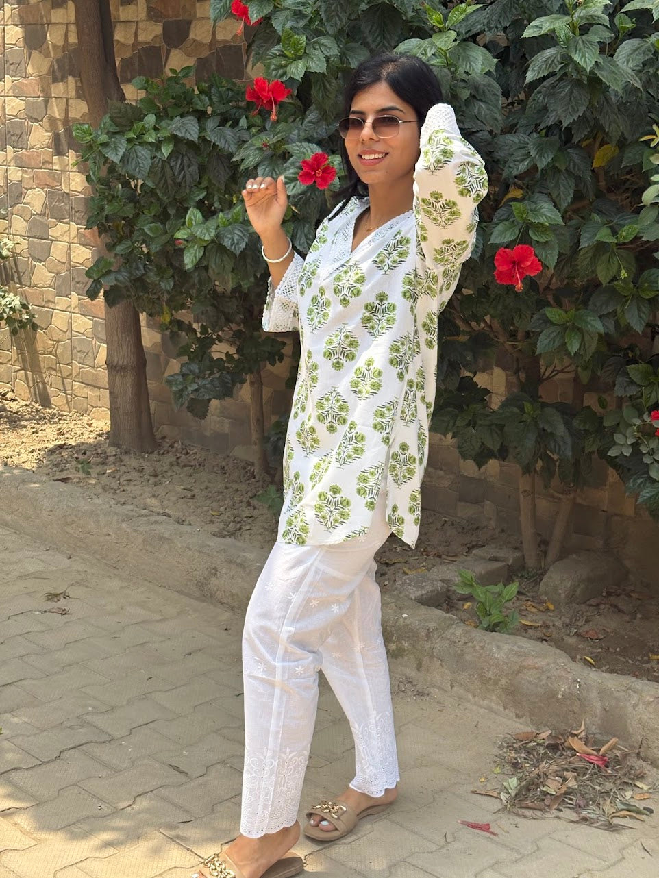 Printed green white kurti co-ord set with chikankari bottom