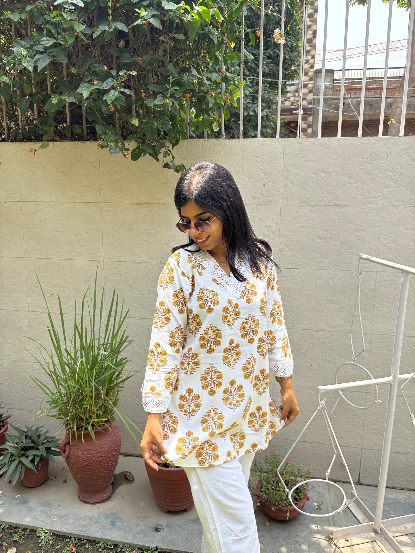 Mustard white co-ord set with chikankari bottom