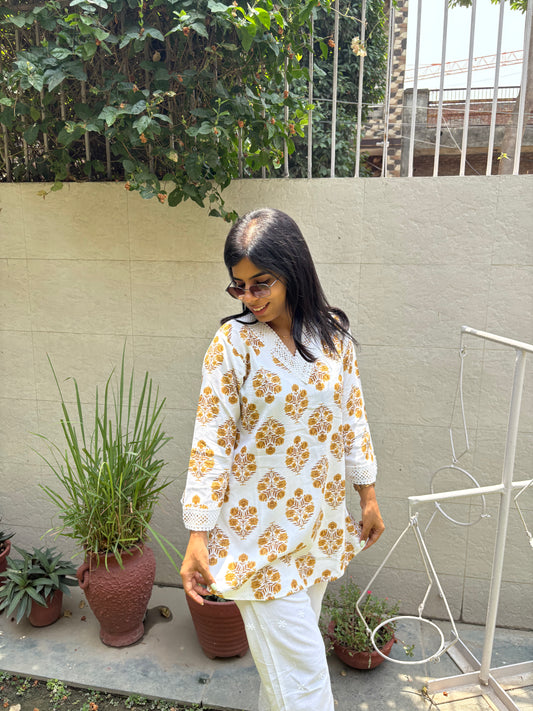 Mustard white co-ord set with chikankari bottom