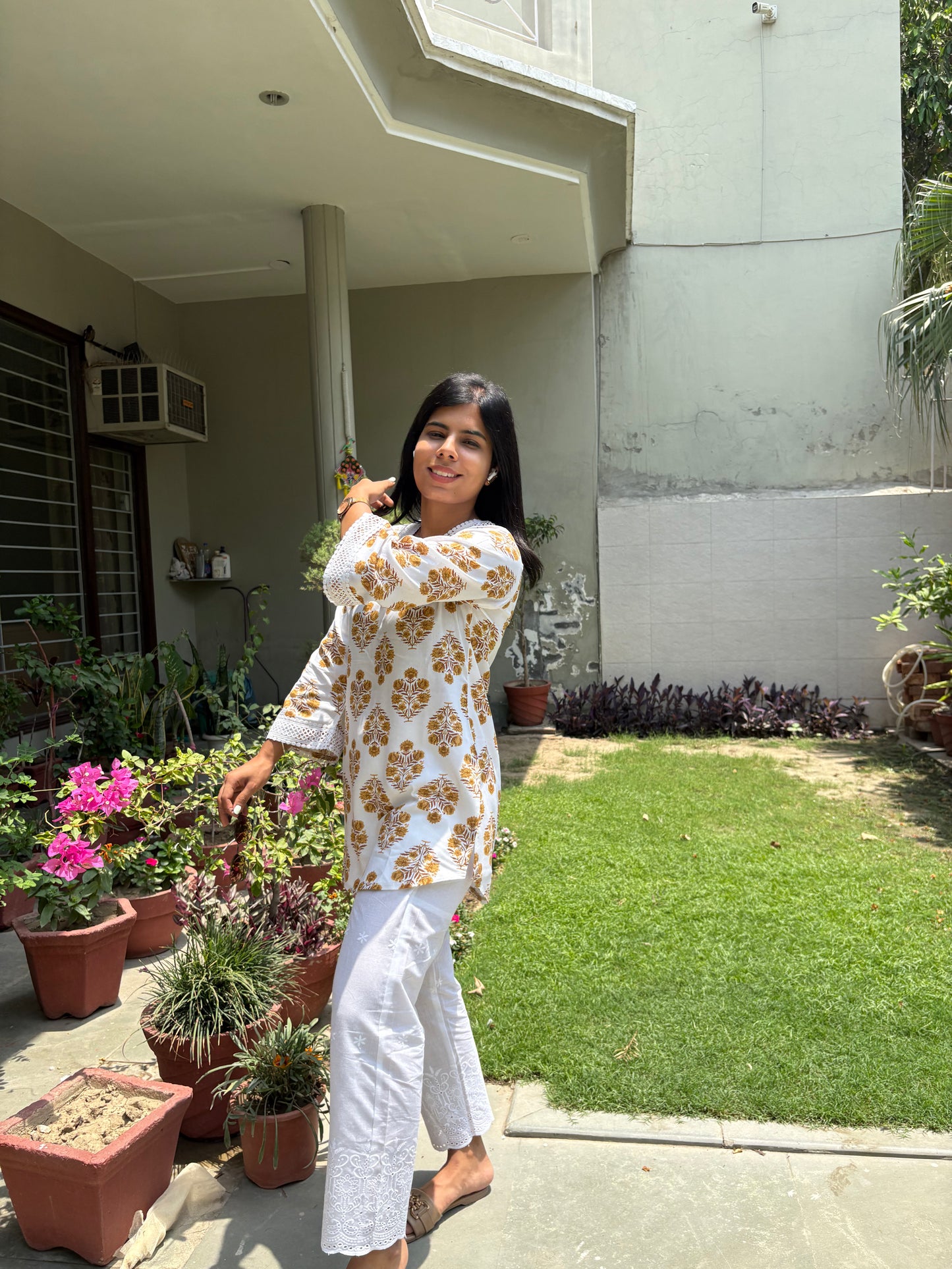 Mustard white co-ord set with chikankari bottom