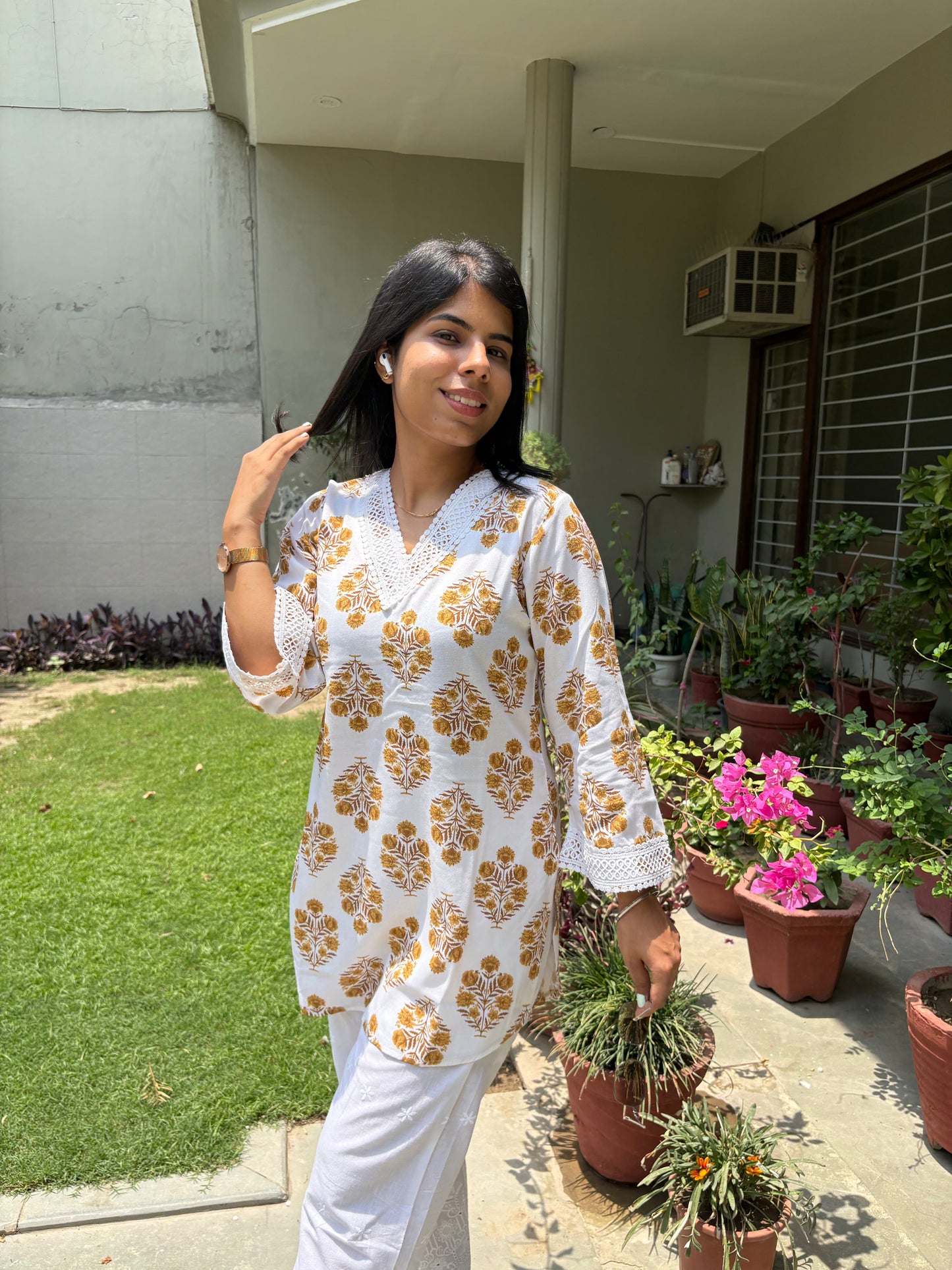 Mustard white co-ord set with chikankari bottom