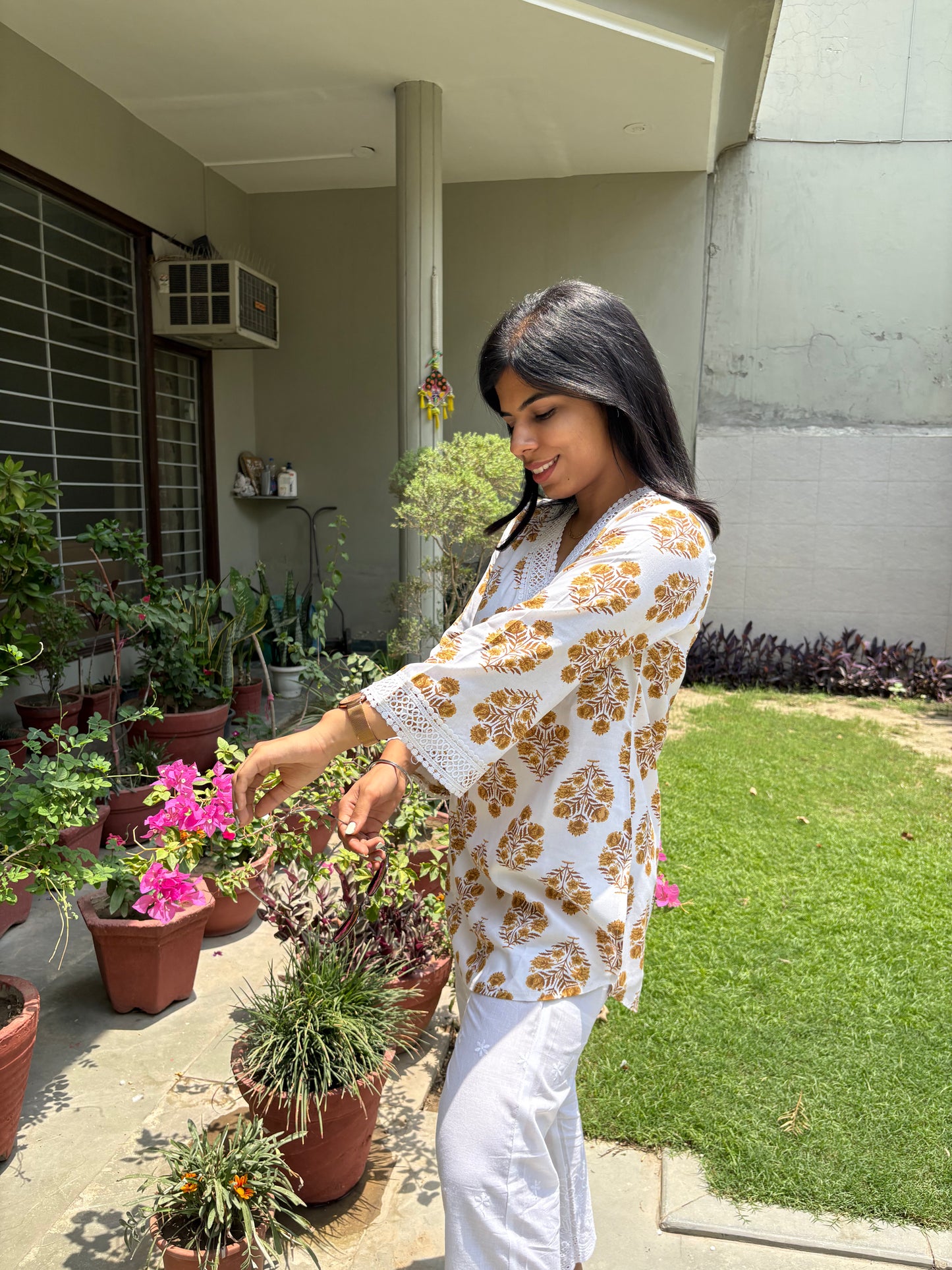 Mustard white co-ord set with chikankari bottom