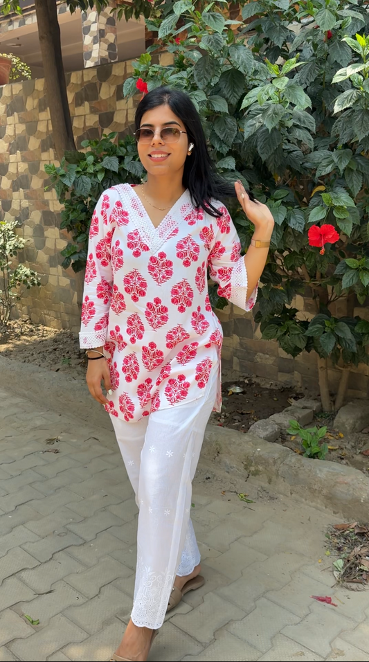 Pink printed co-ord set with chikankari bottom