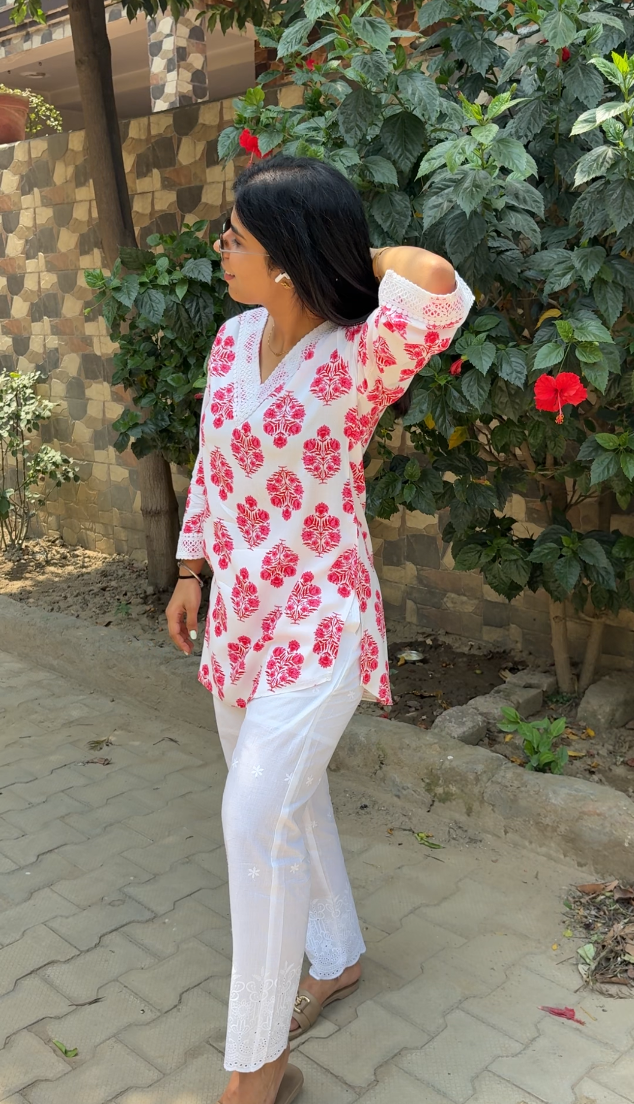 Pink printed co-ord set with chikankari bottom
