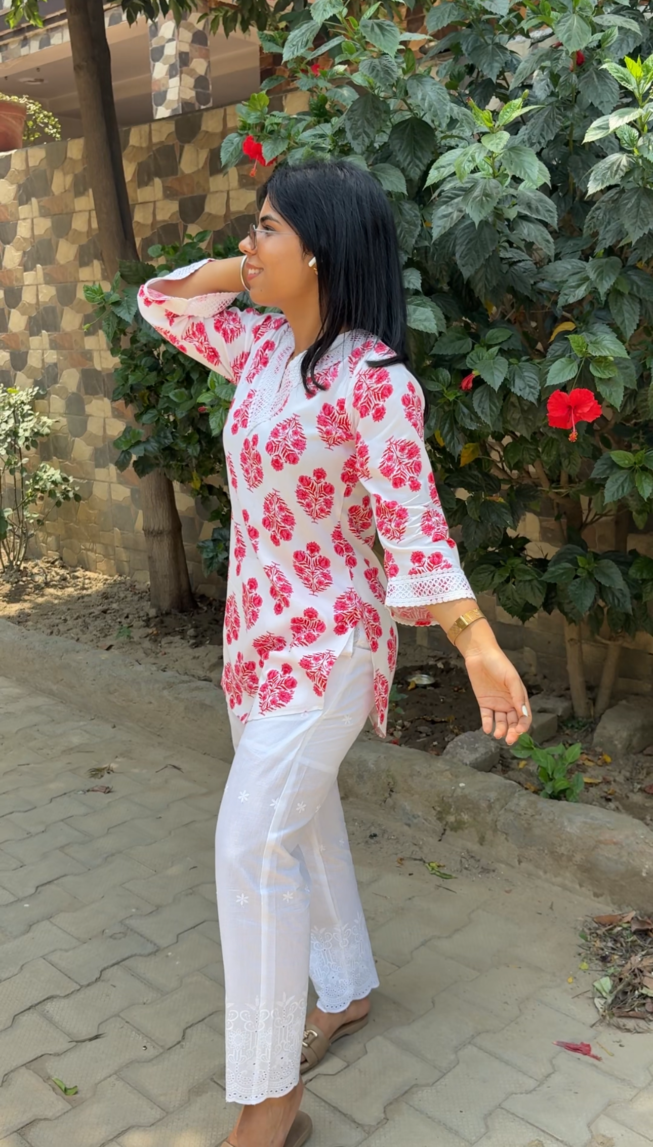 Pink printed co-ord set with chikankari bottom