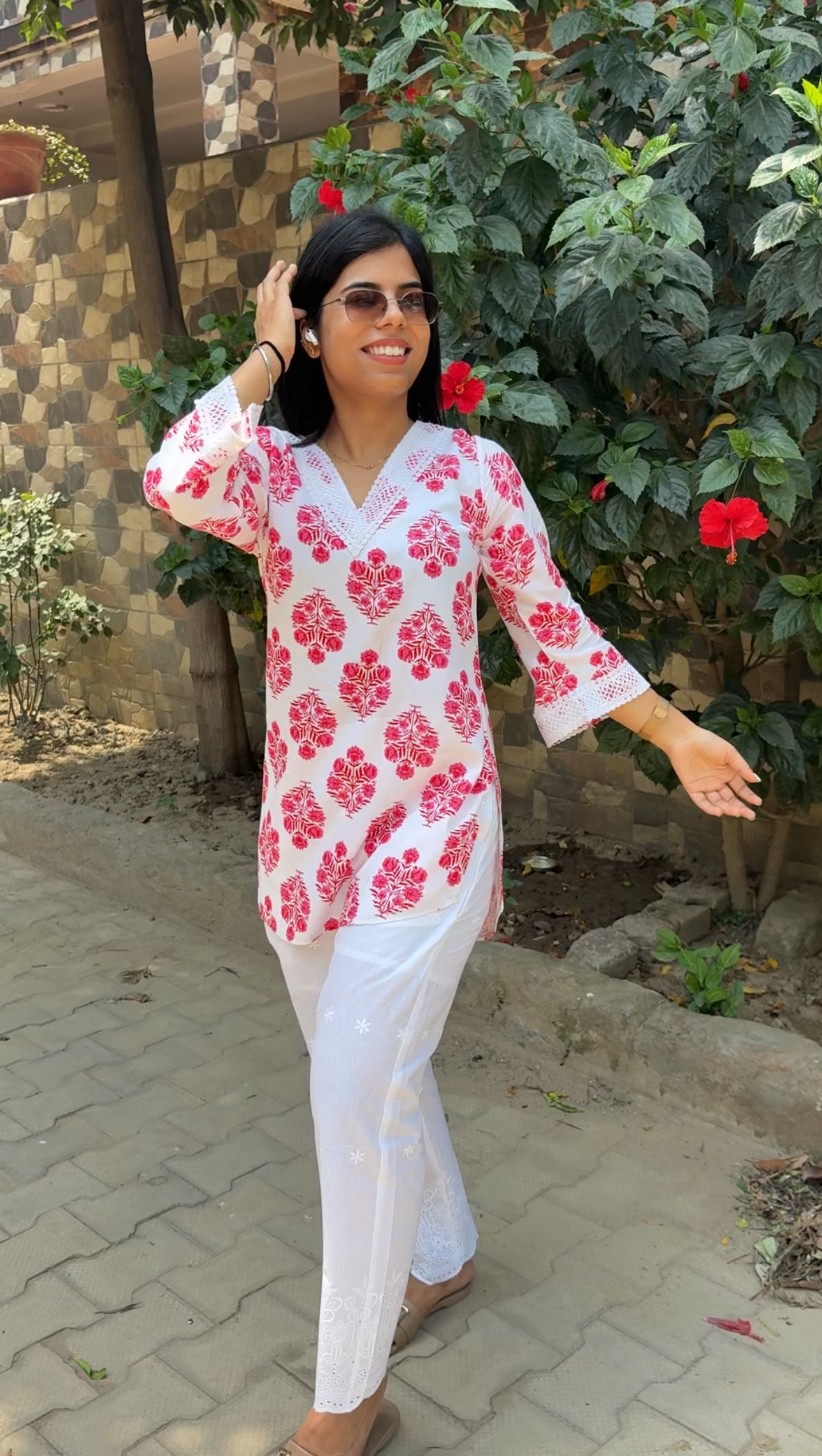 Pink printed co-ord set with chikankari bottom