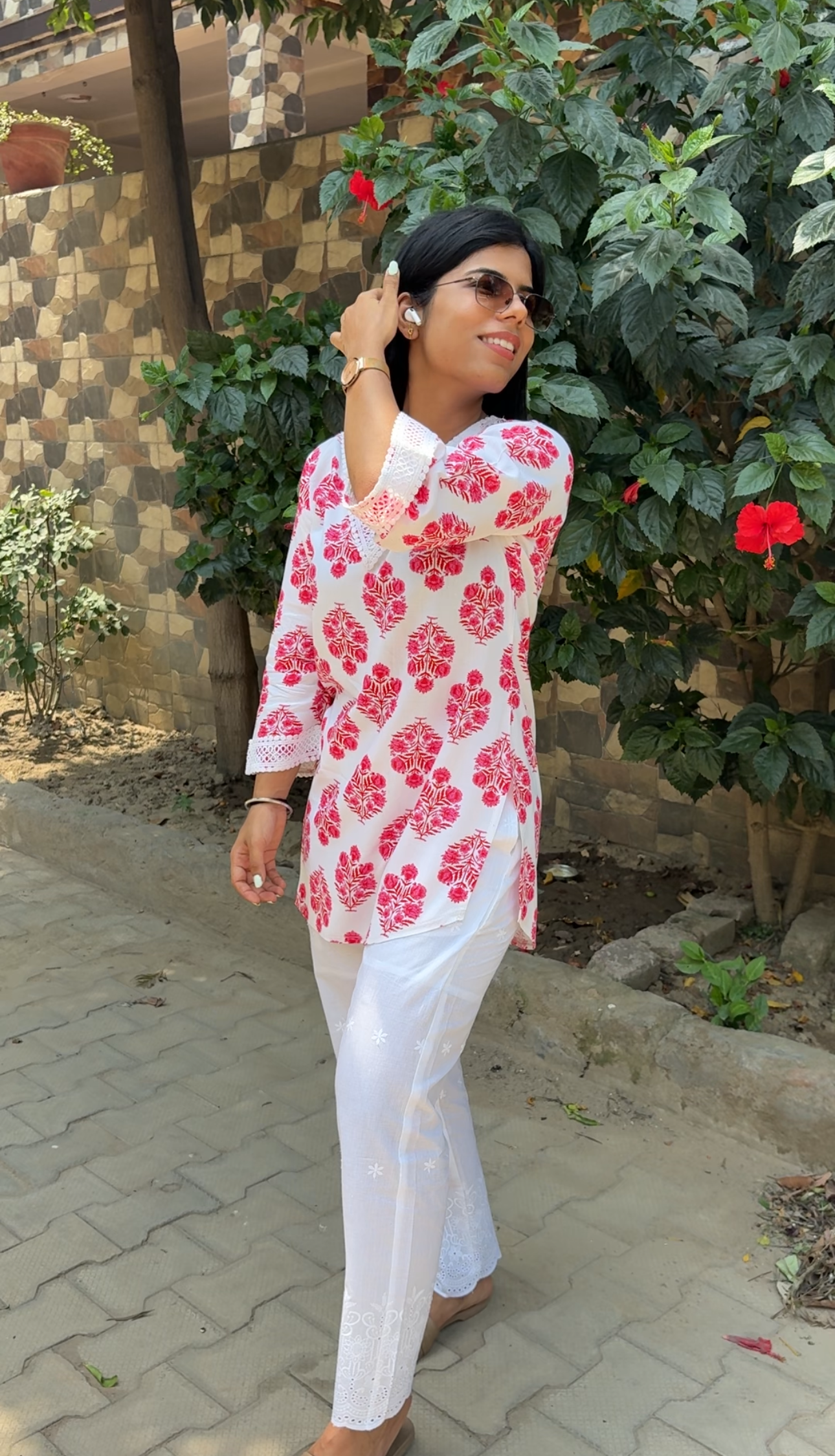 Pink printed co-ord set with chikankari bottom