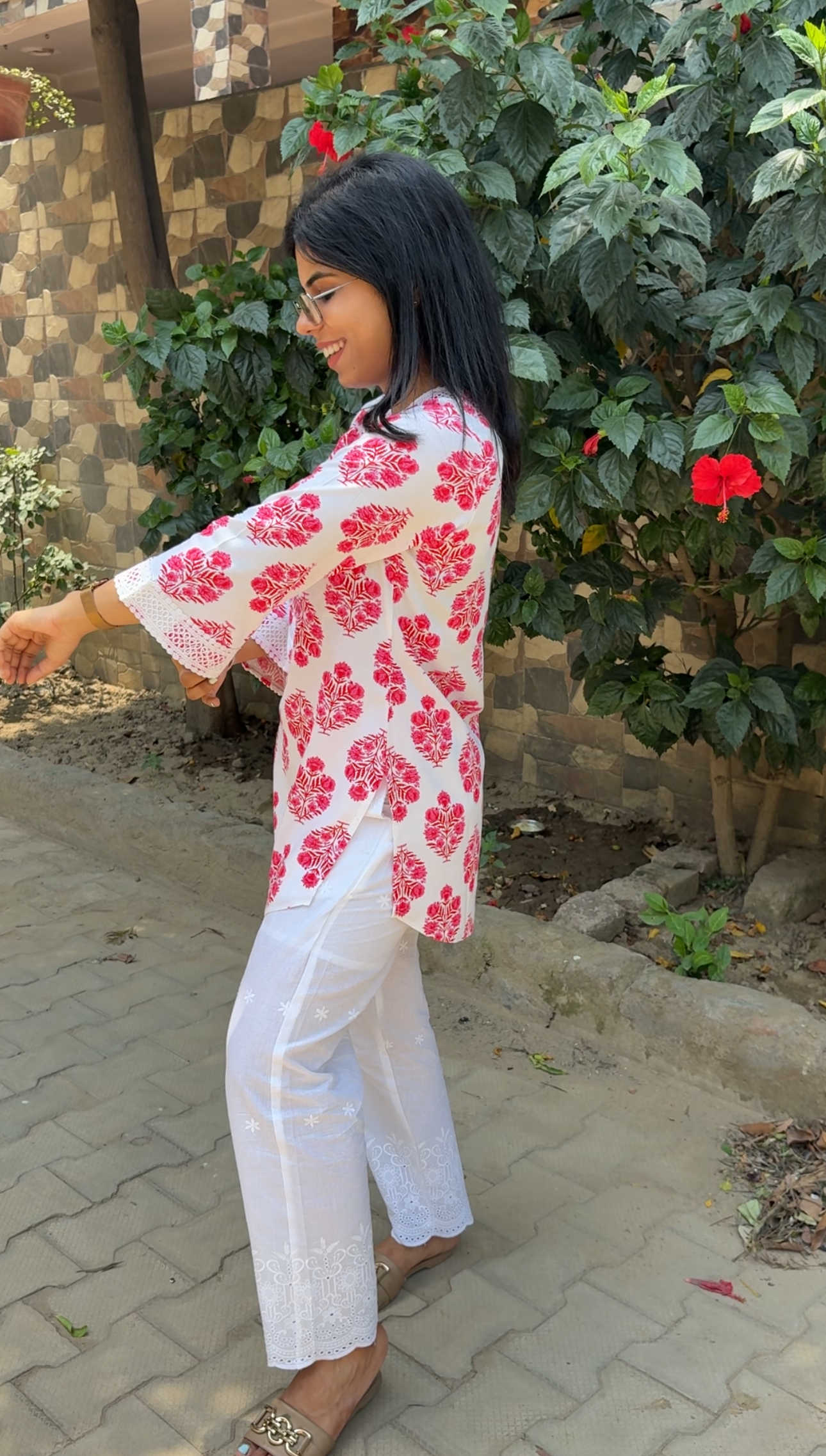Pink printed co-ord set with chikankari bottom