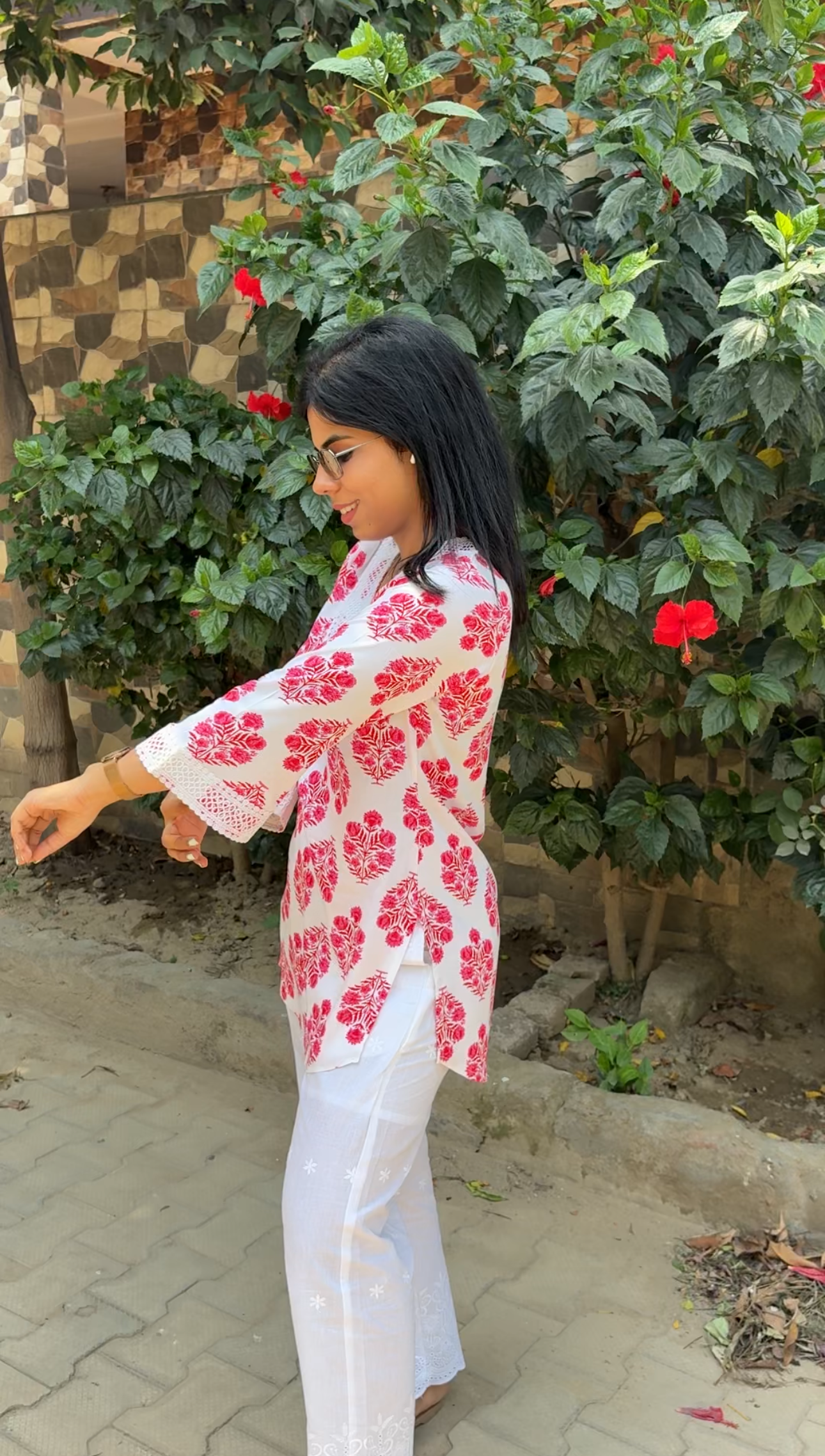 Pink printed co-ord set with chikankari bottom