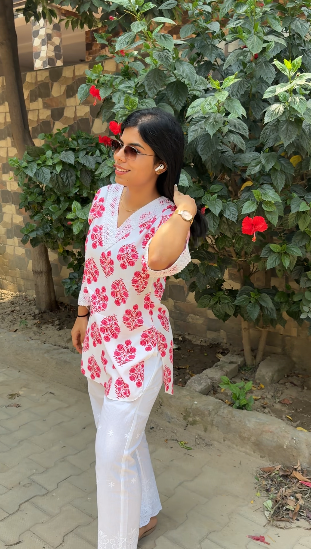 Pink printed co-ord set with chikankari bottom