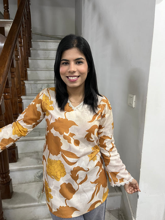Yellow printed kurti top with lace work