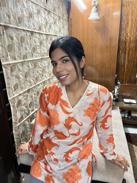 Orange printed casual wear kurti top