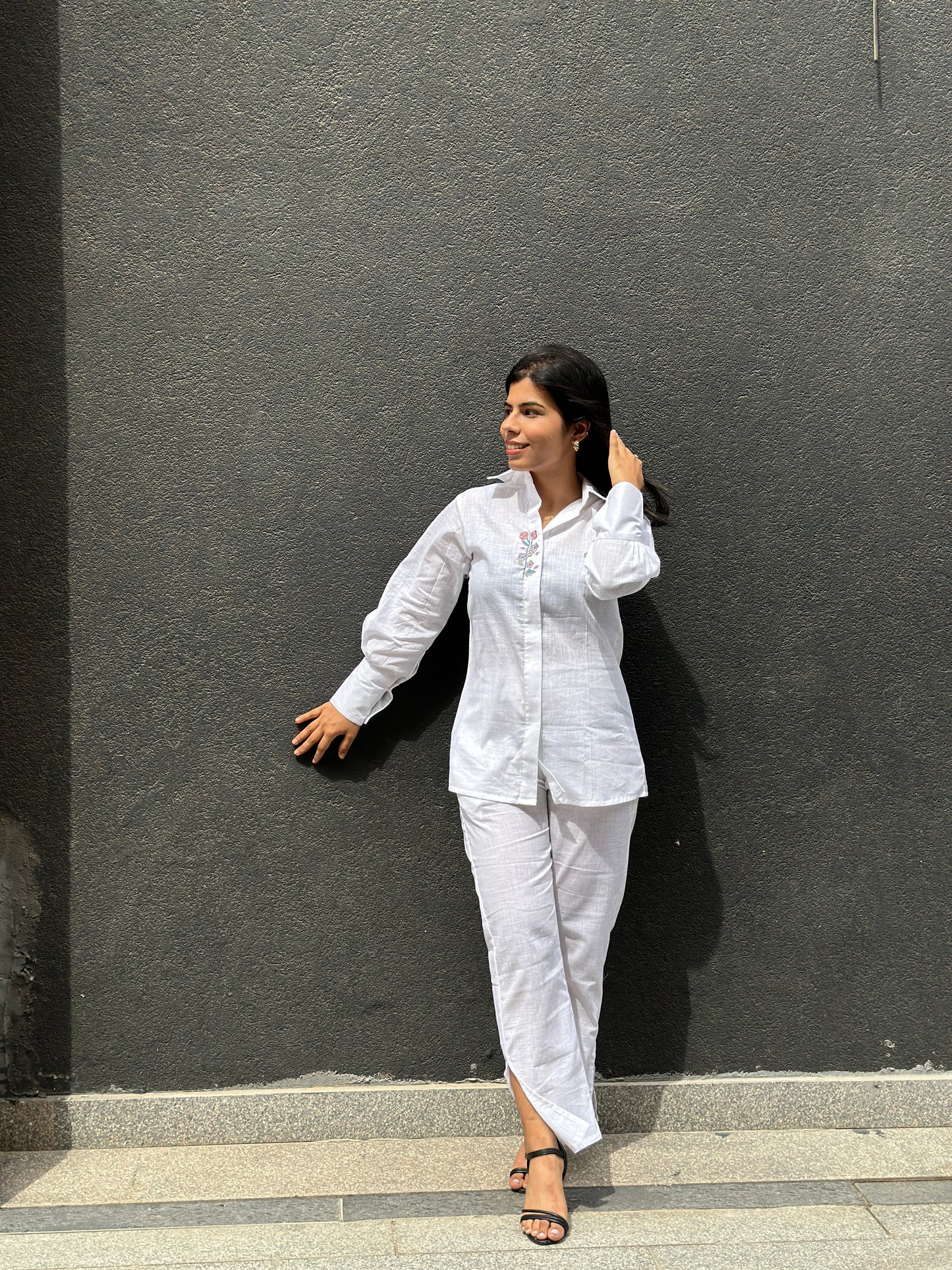 White linen puff hand embroidered co-ord set