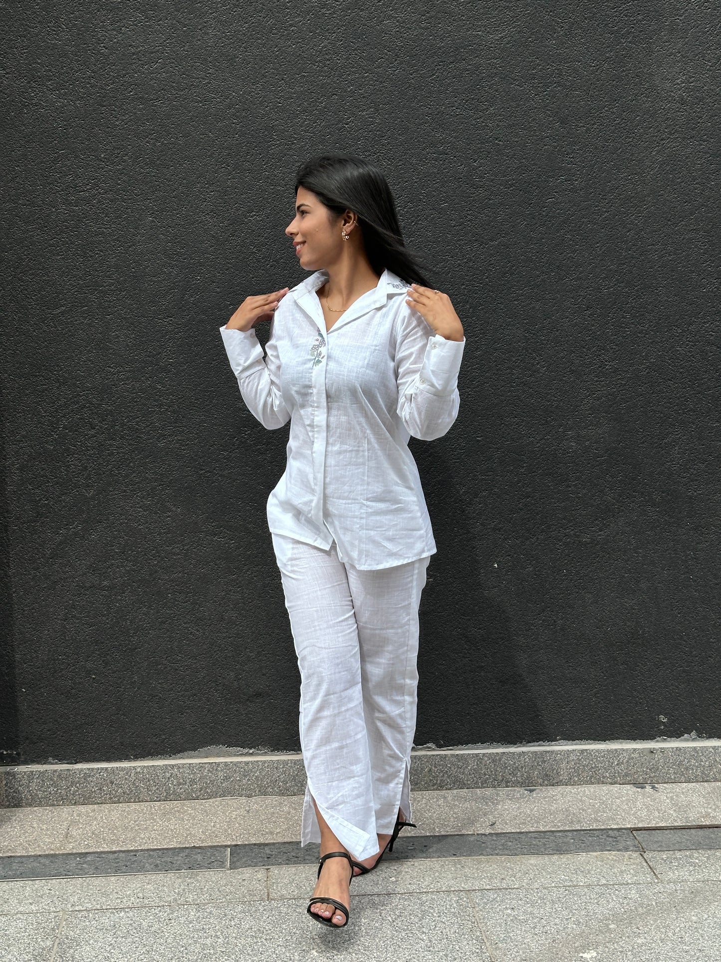 White linen puff hand embroidered co-ord set