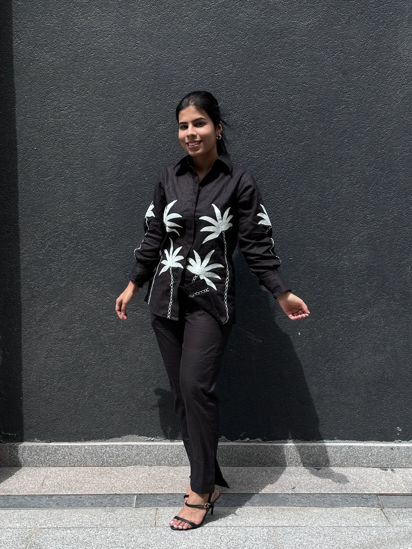 Black linen co-ord set with white embroidery