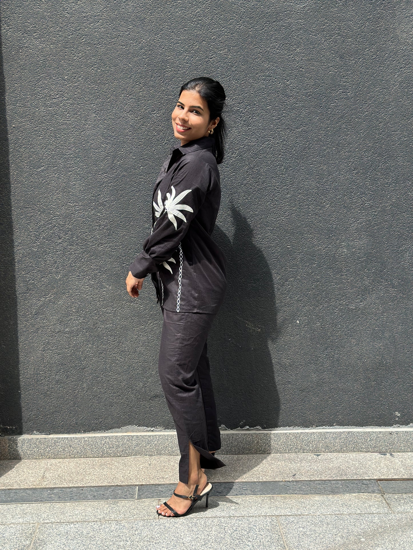 Black linen co-ord set with white embroidery