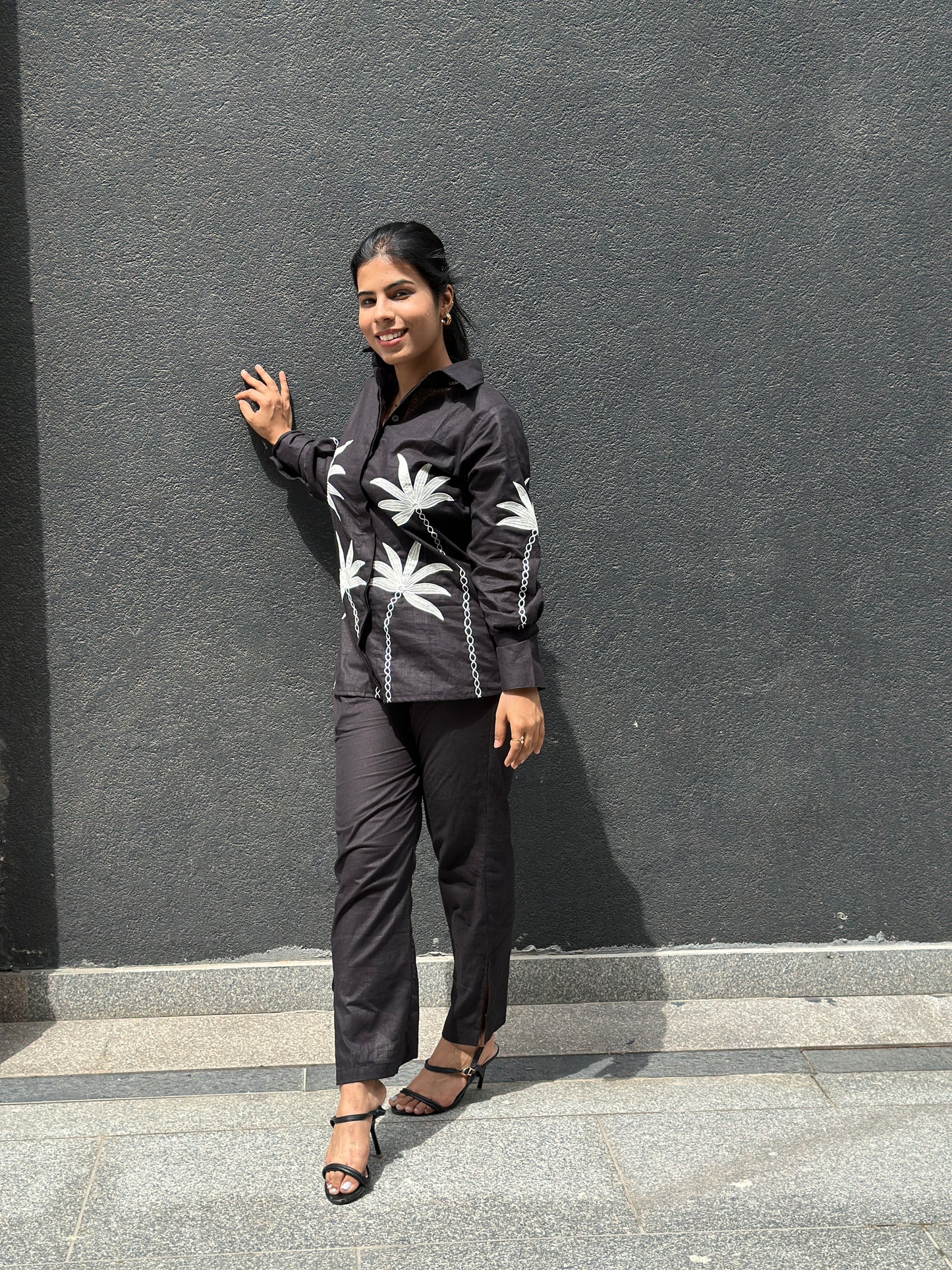 Black linen co-ord set with white embroidery