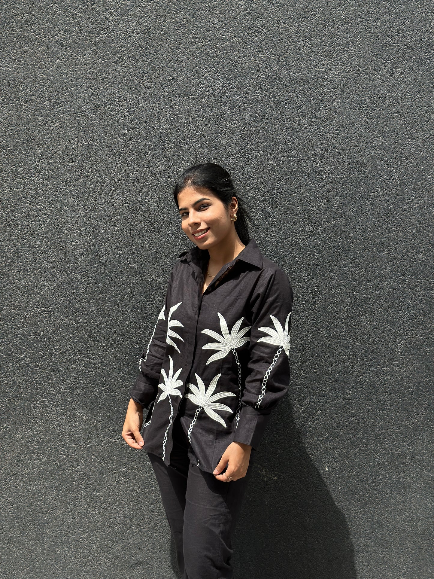 Black linen co-ord set with white embroidery