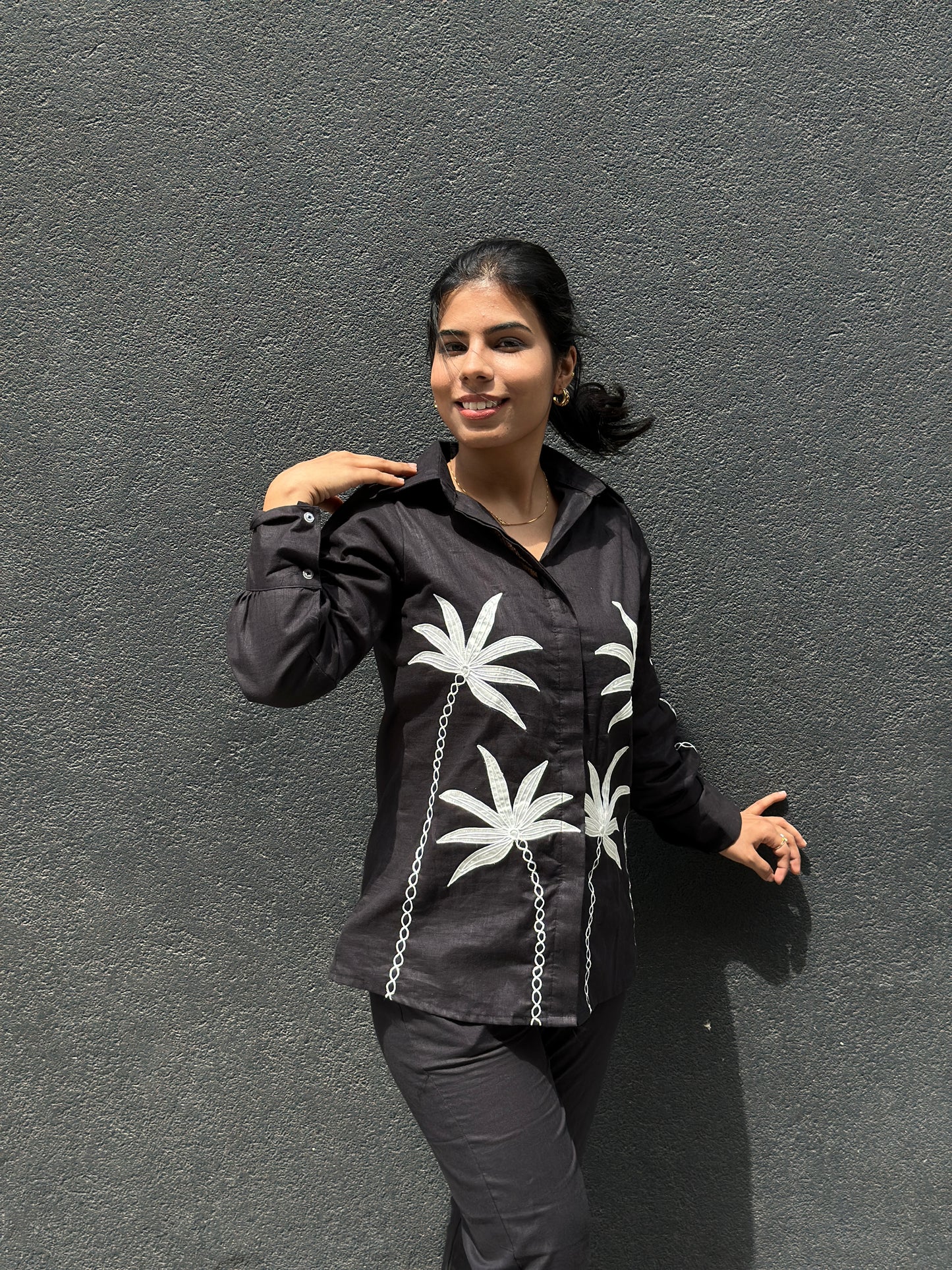 Black linen co-ord set with white embroidery