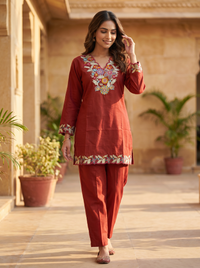 Crimson Bloom Embroidered Co-ord Set