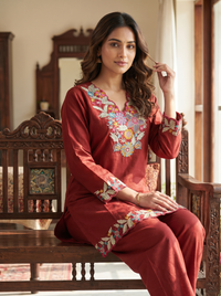 Crimson Bloom Embroidered Co-ord Set