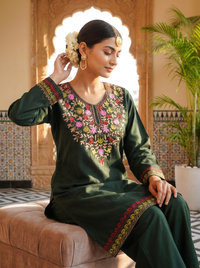 Green aari kurta + bottom work plazo